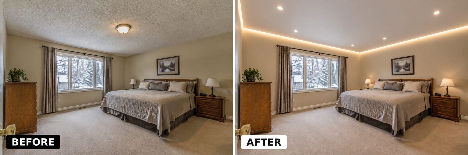 Popcorn ceiling removal Coquitlam bedroom with cove lighting before after