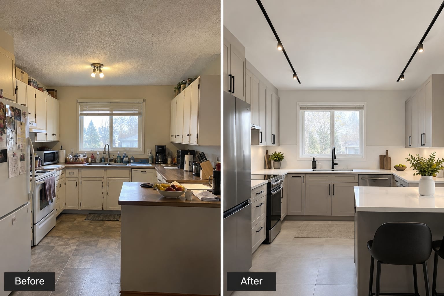 Popcorn ceiling removal Burnaby kitchen with track lighting before after