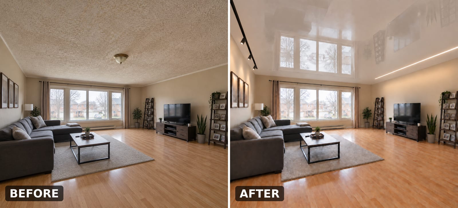 Popcorn ceiling removal Surrey living room before after