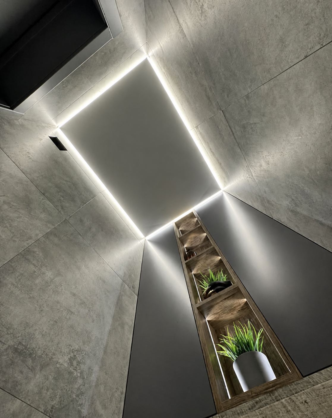 Bathroom · The edge-lit tier meeting a built-in niche