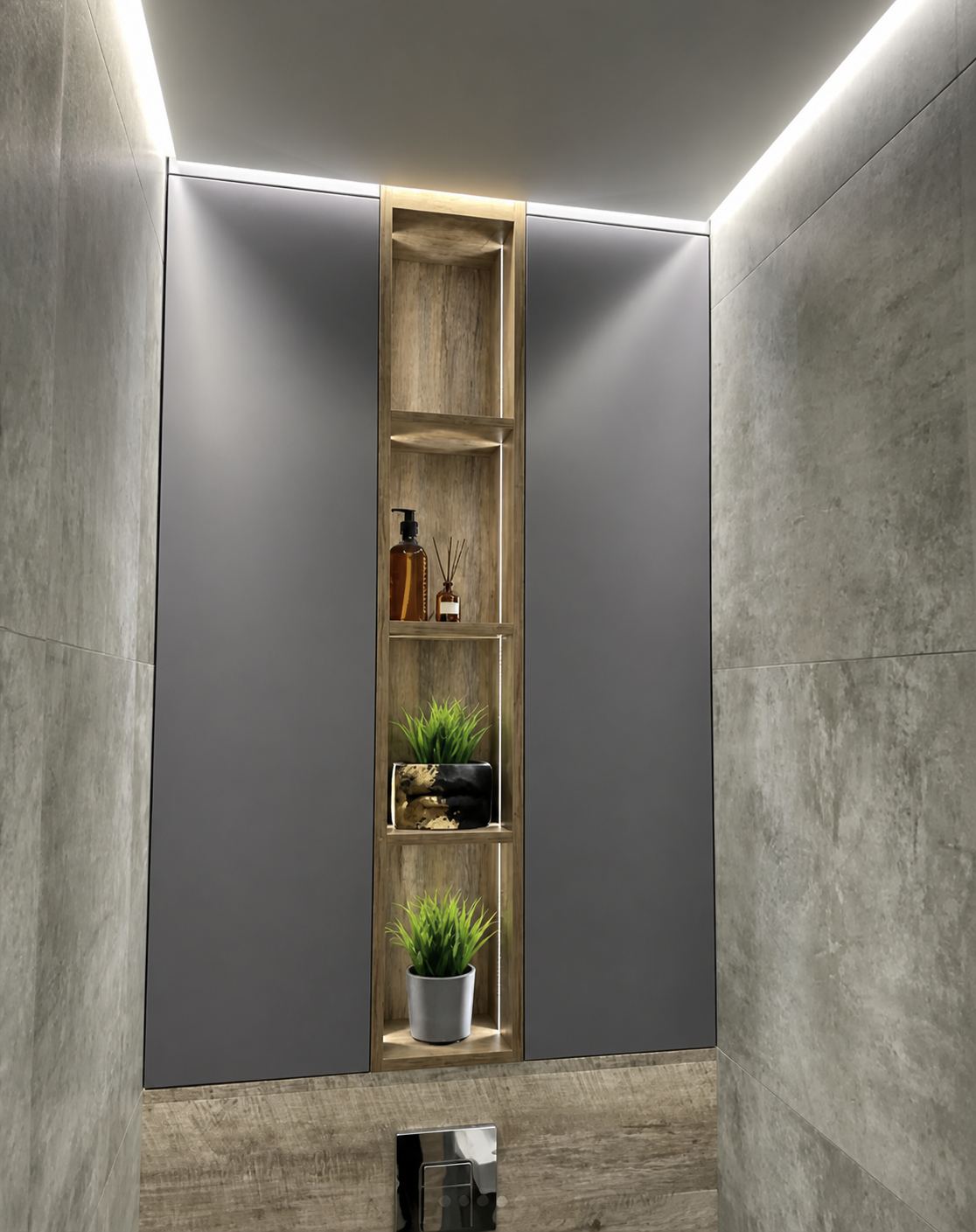 Bathroom · Cabinetry lit from the floating tier above