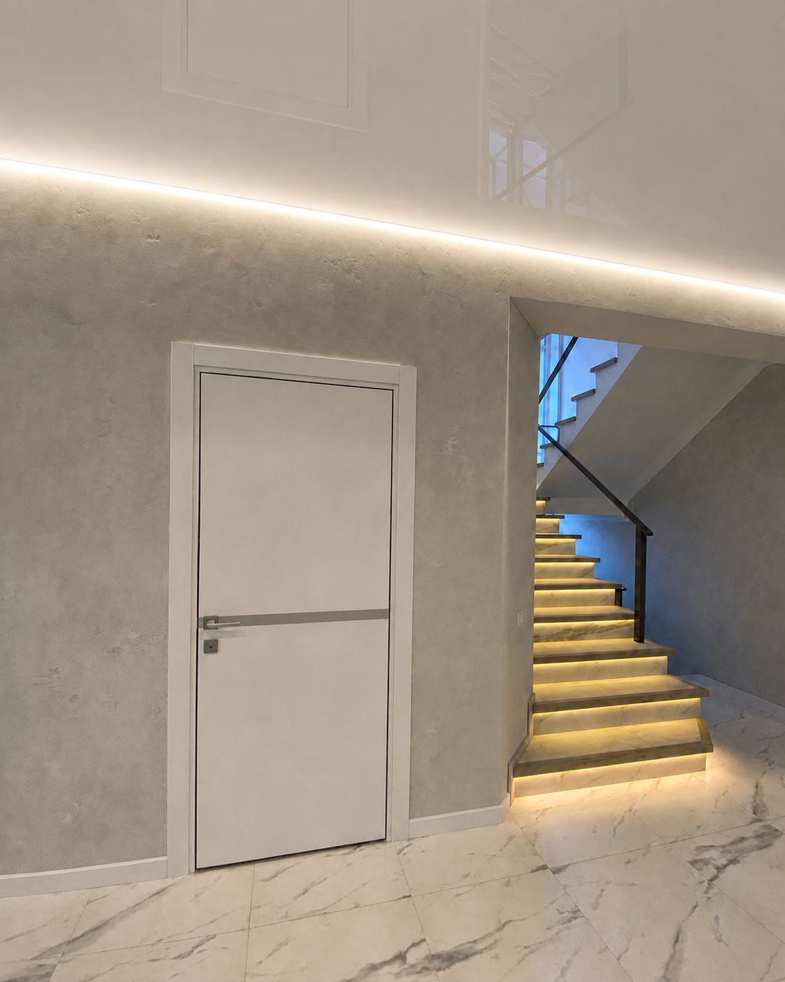Continuing the glow above a lit staircase