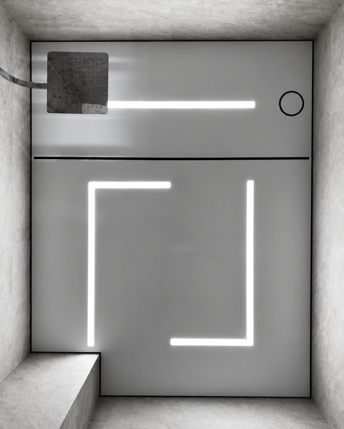 A square light-line frame set into the shower wall panel