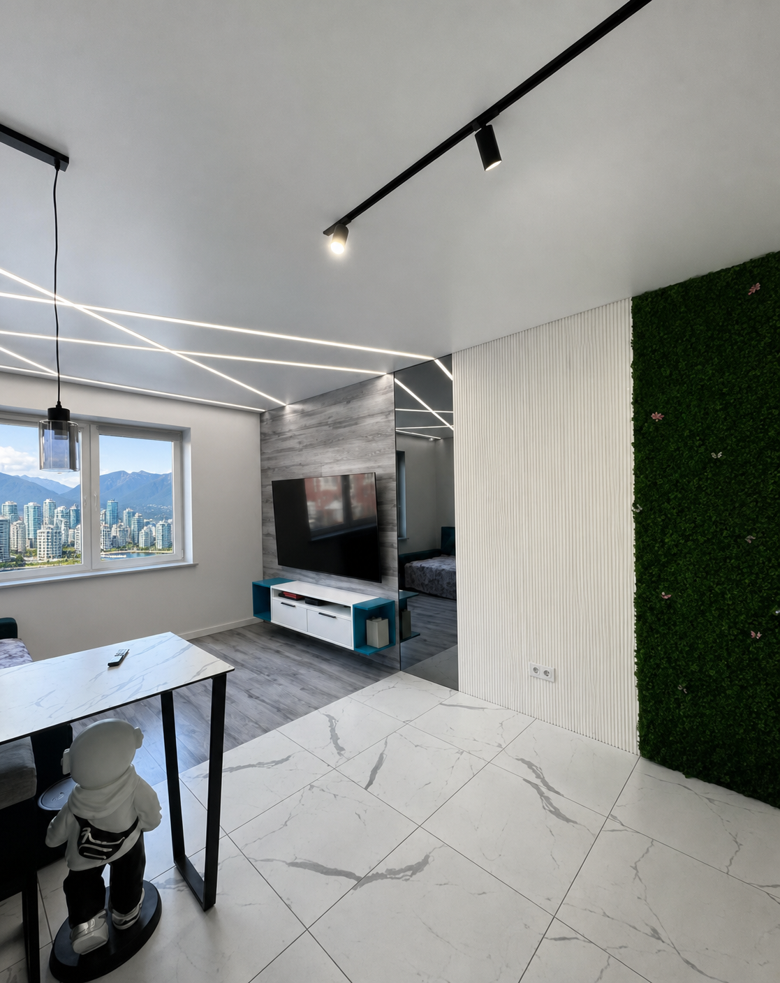 The X-pattern light lines continuing into an open-concept living room