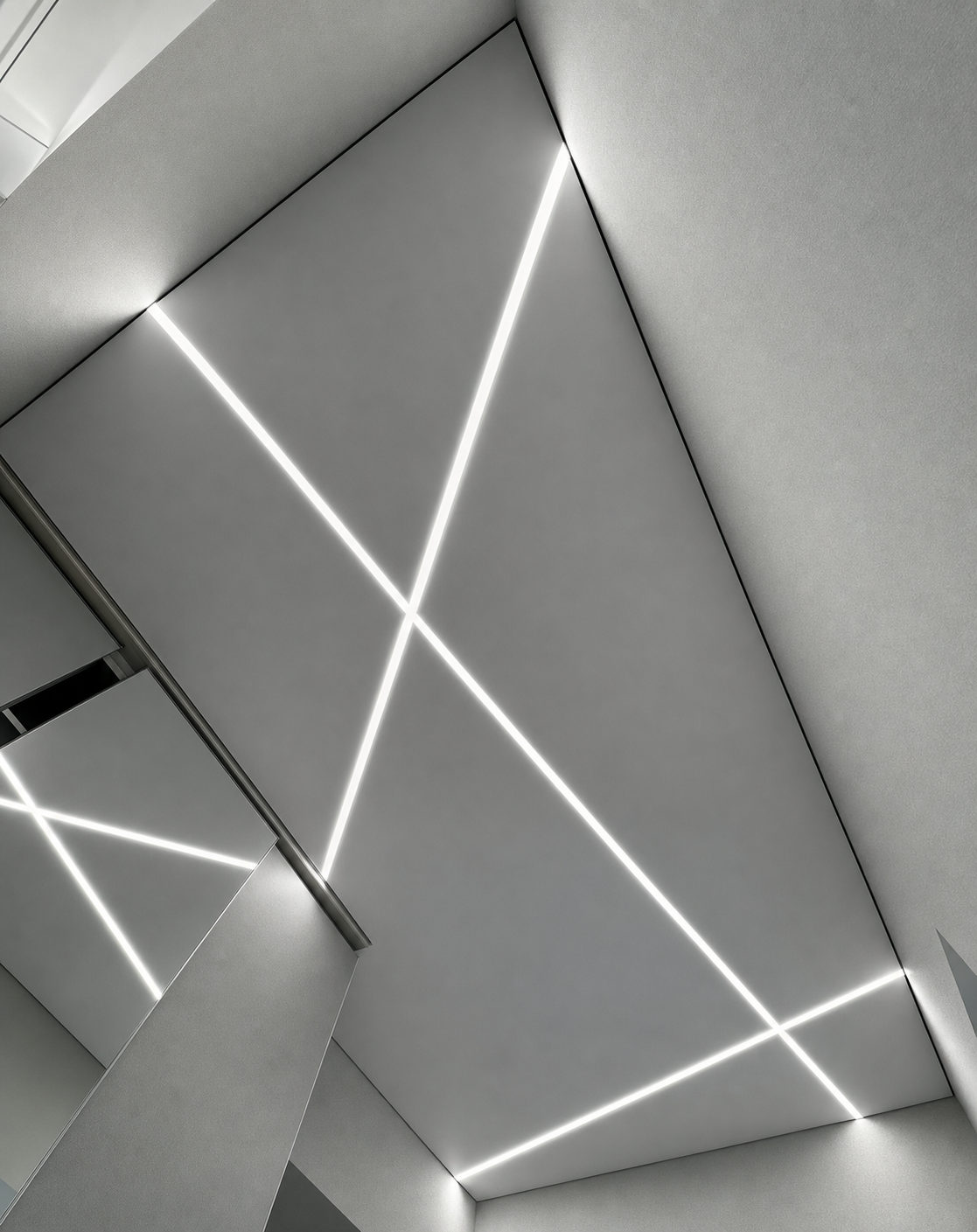 Crossing light lines forming a bold X across a sloped ceiling