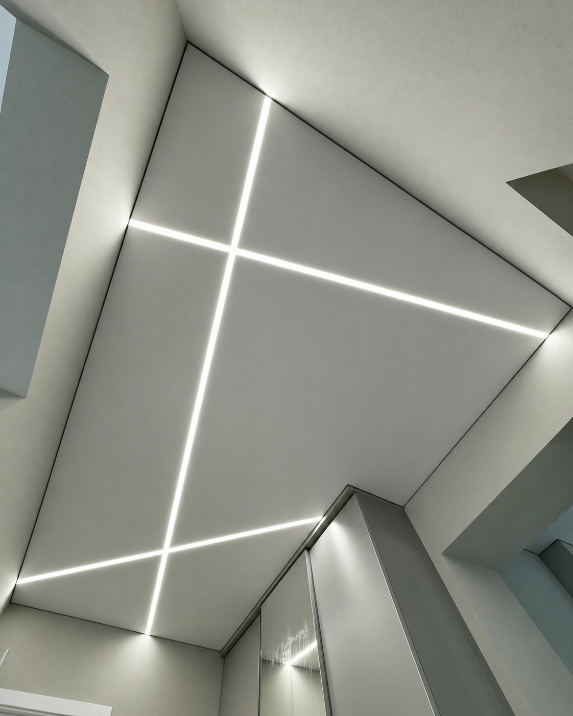 The crossing lines continuing above a built-in wardrobe