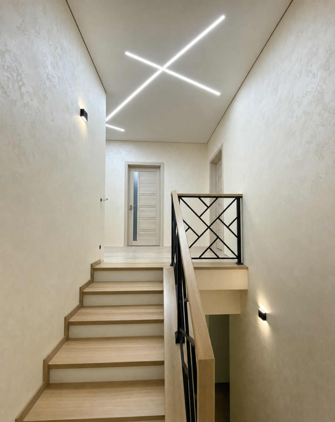 The X pattern anchoring a bright, wood-toned staircase