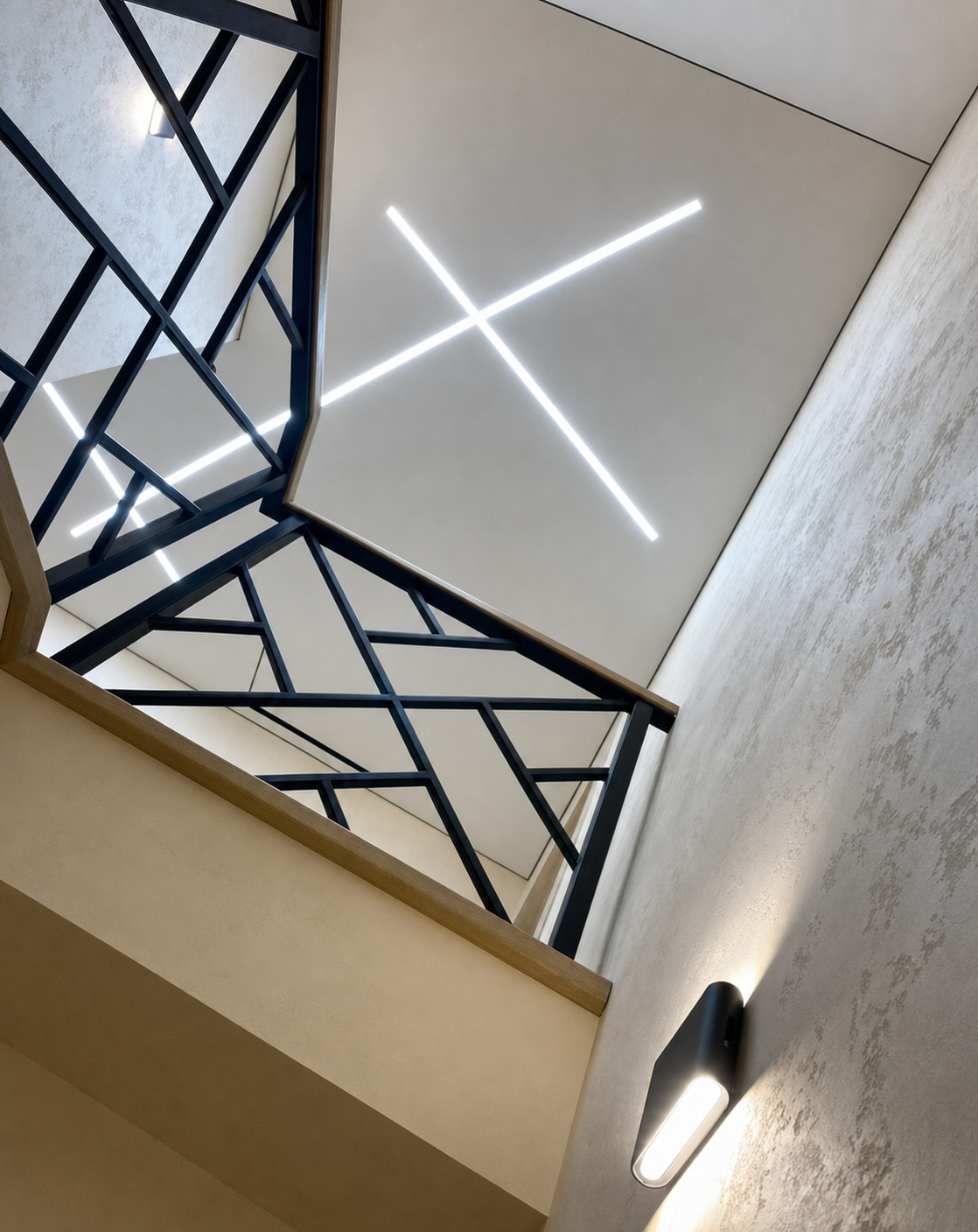 Where the light lines meet an angled wall corner