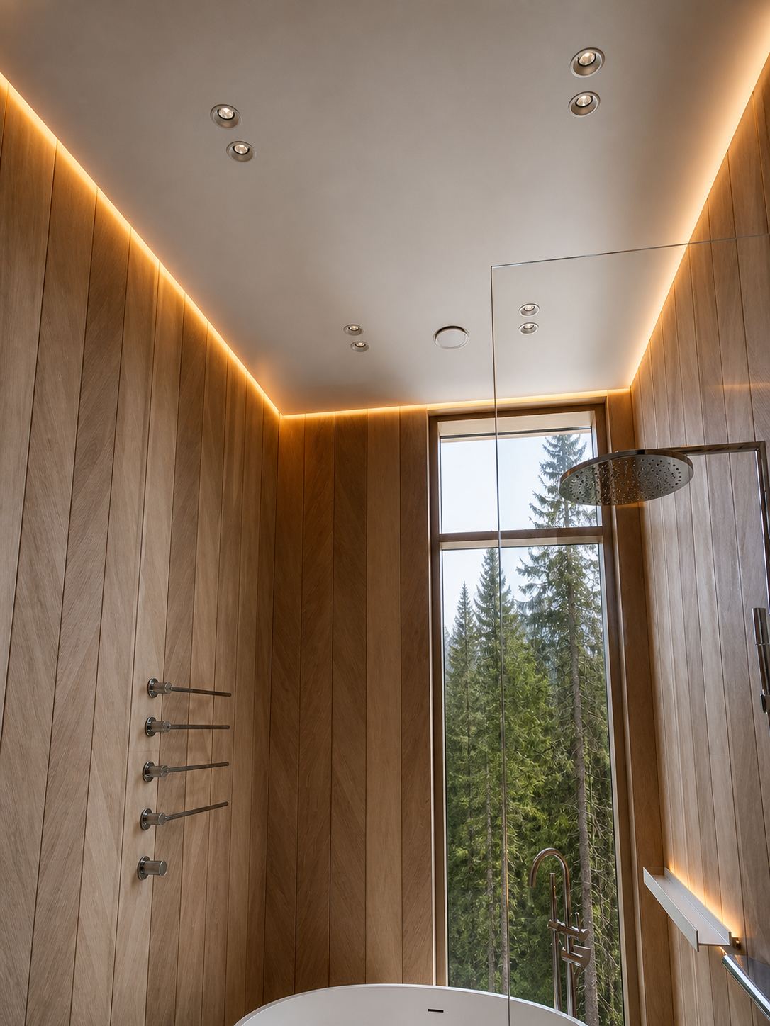 A shadow reveal framing a wood-panelled shower