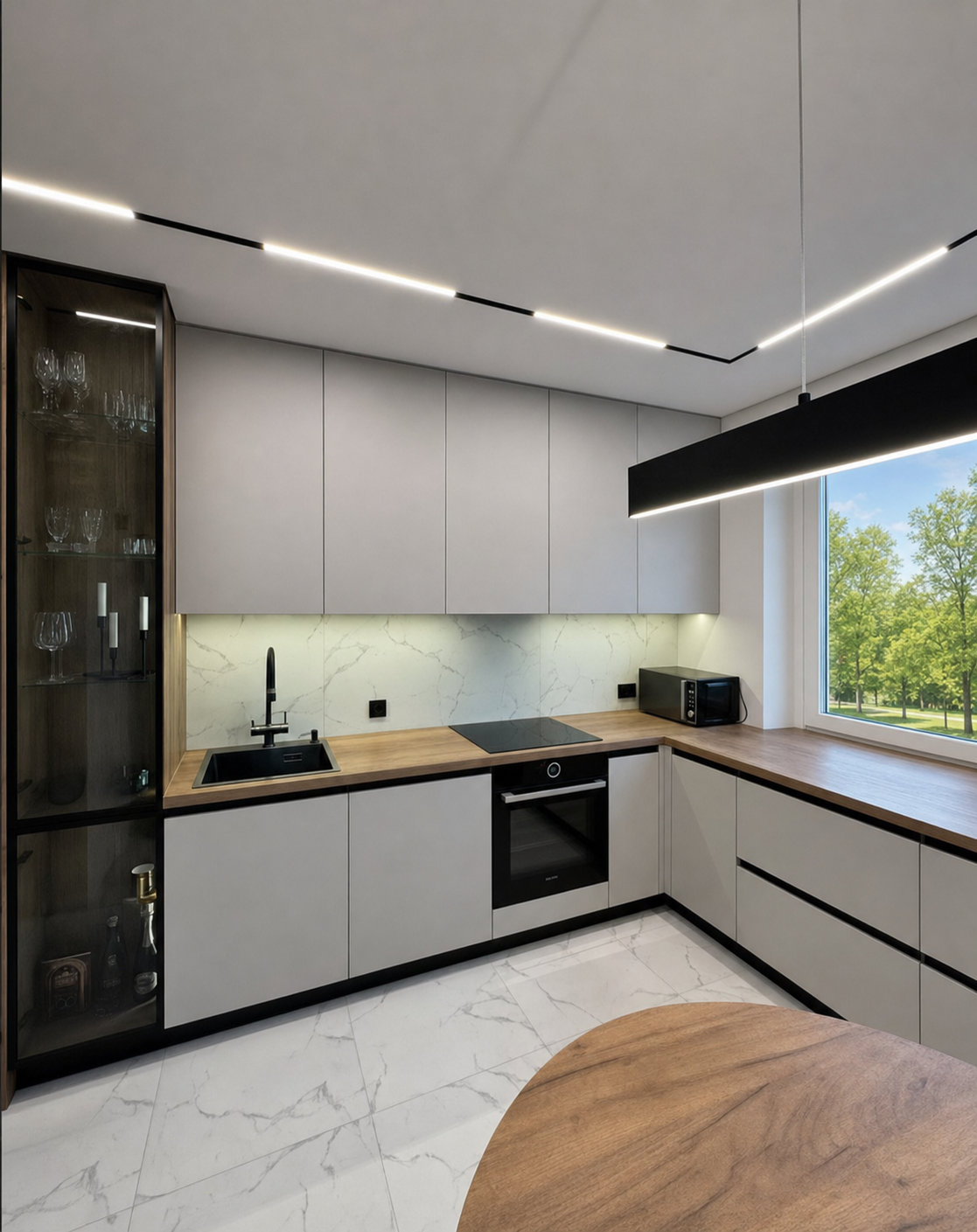 A linear pendant head suspended from the track over the dining table