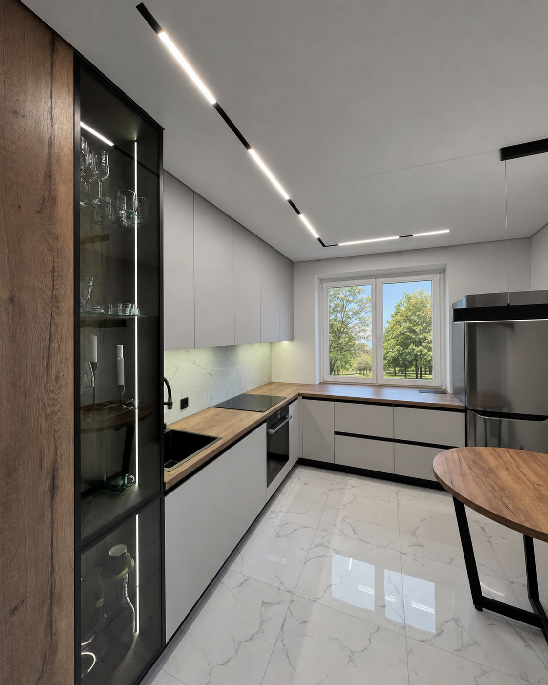 The full kitchen layout lit by the magnetic track system