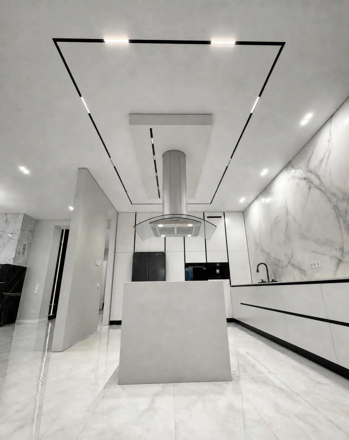The same track run seen from the open-concept living room, beside a marble fireplace