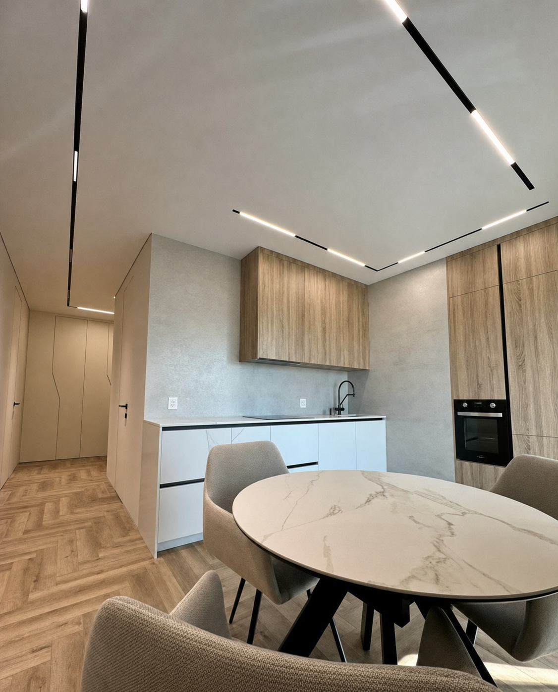 The channel bending across an open kitchen ceiling